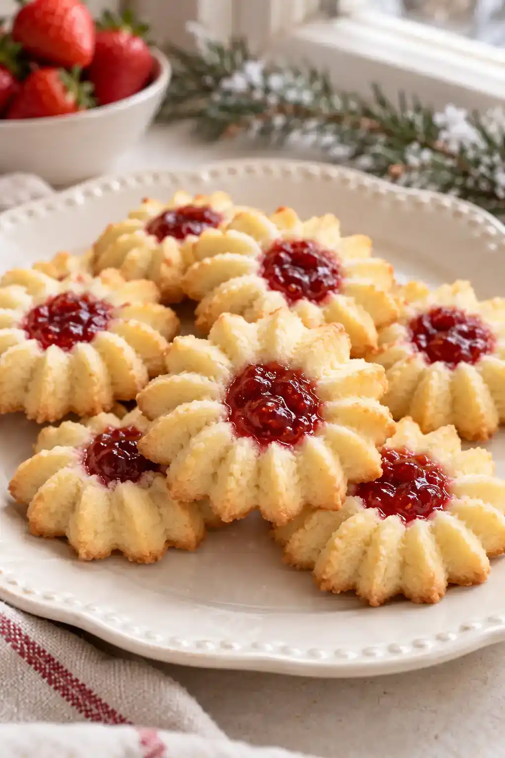 A batch of strawberry jam spritz cookies arranged on a ceramic plate.
