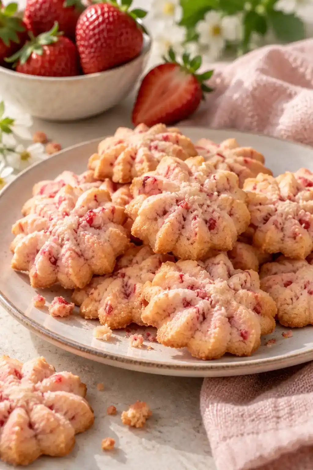 A batch of strawberry spritz cookies arranged on a ceramic plate.
