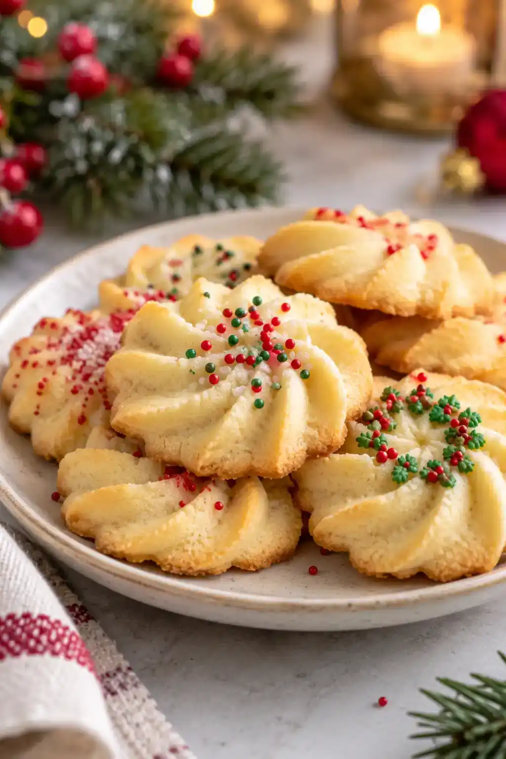 A batch of sugar-free spritz cookies arranged on a ceramic plate.