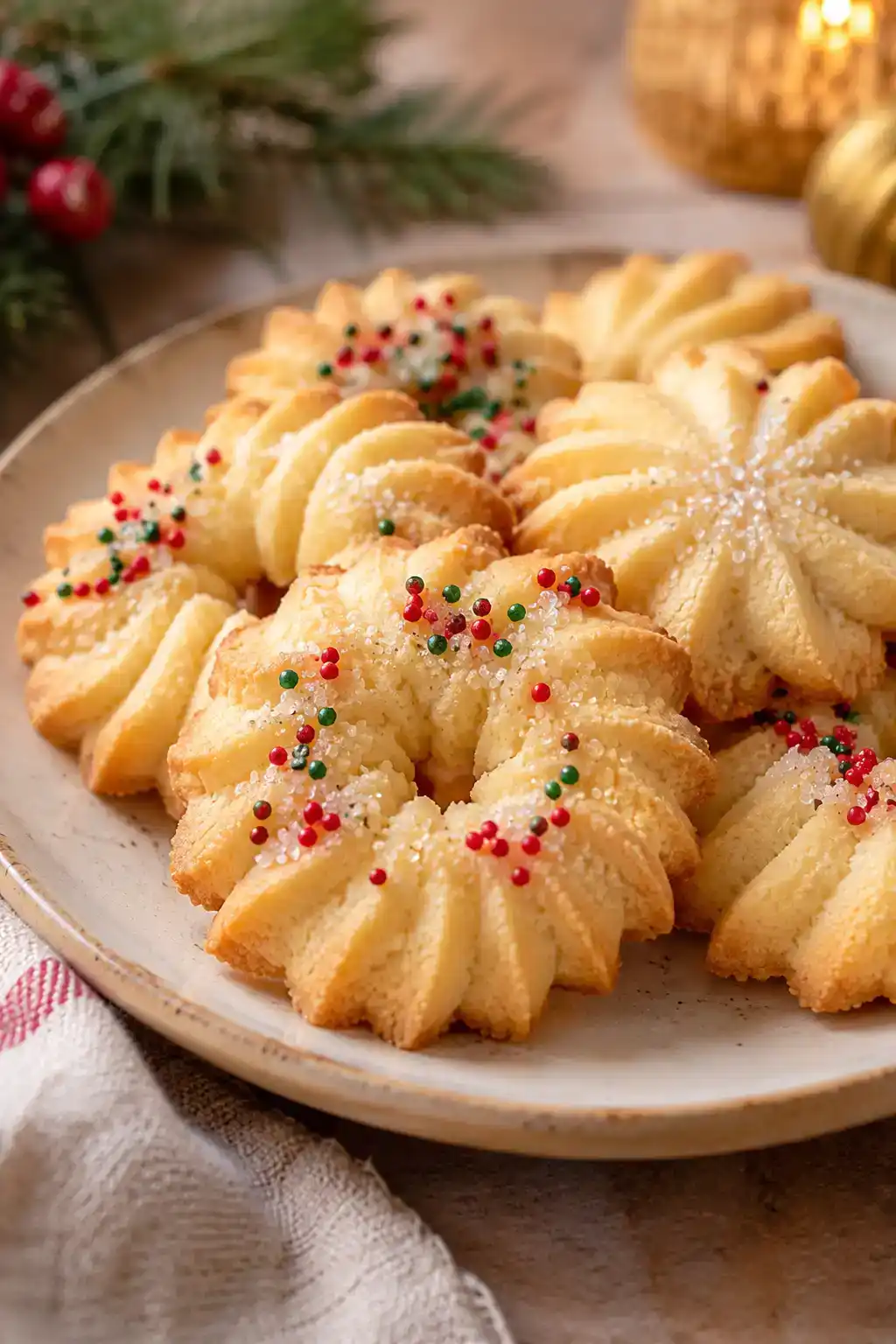 A batch of swedish spritz cookies arranged on a ceramic plate.