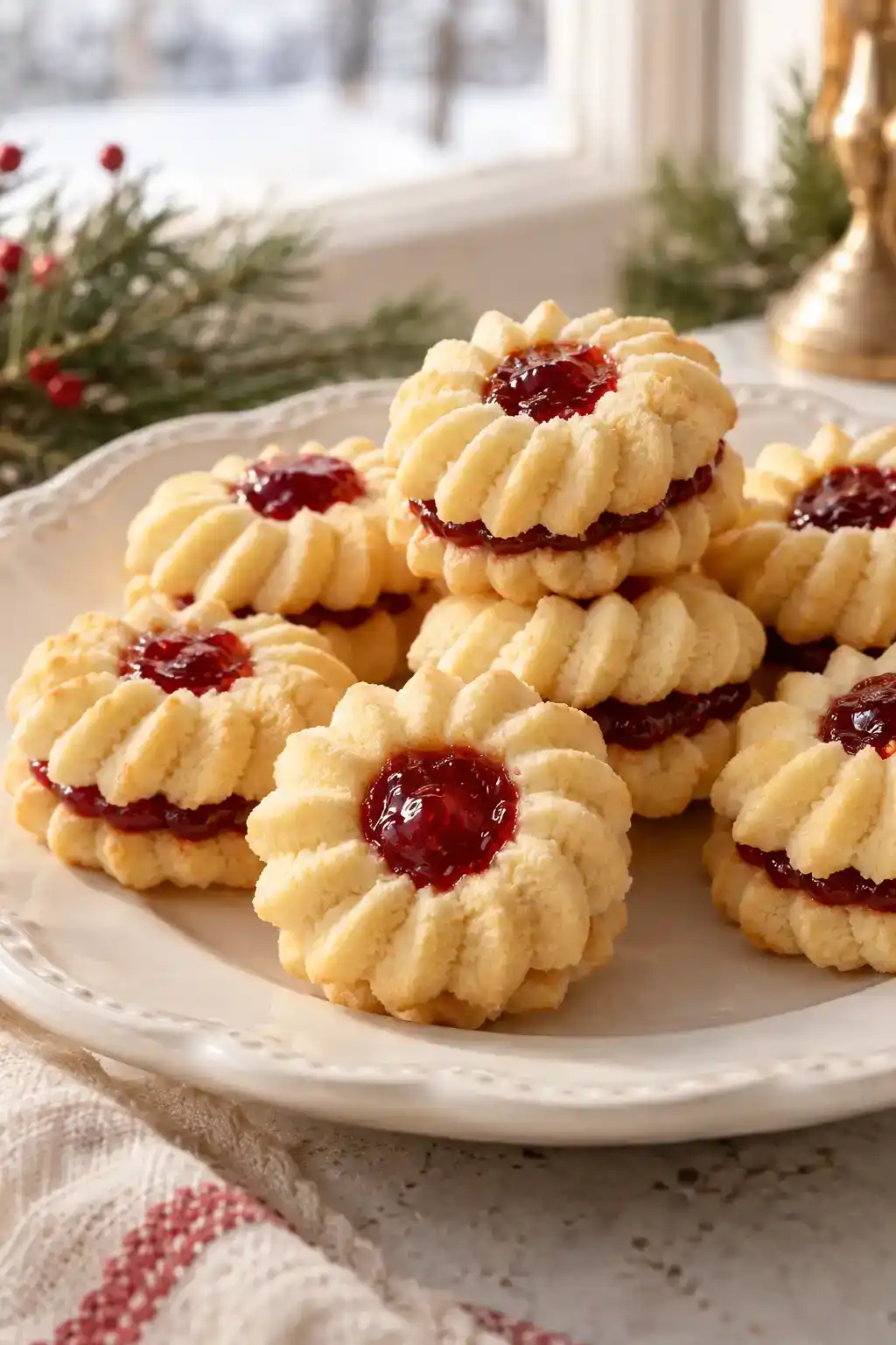 A batch of thumbprint-style spritz cookies arranged on a ceramic plate.