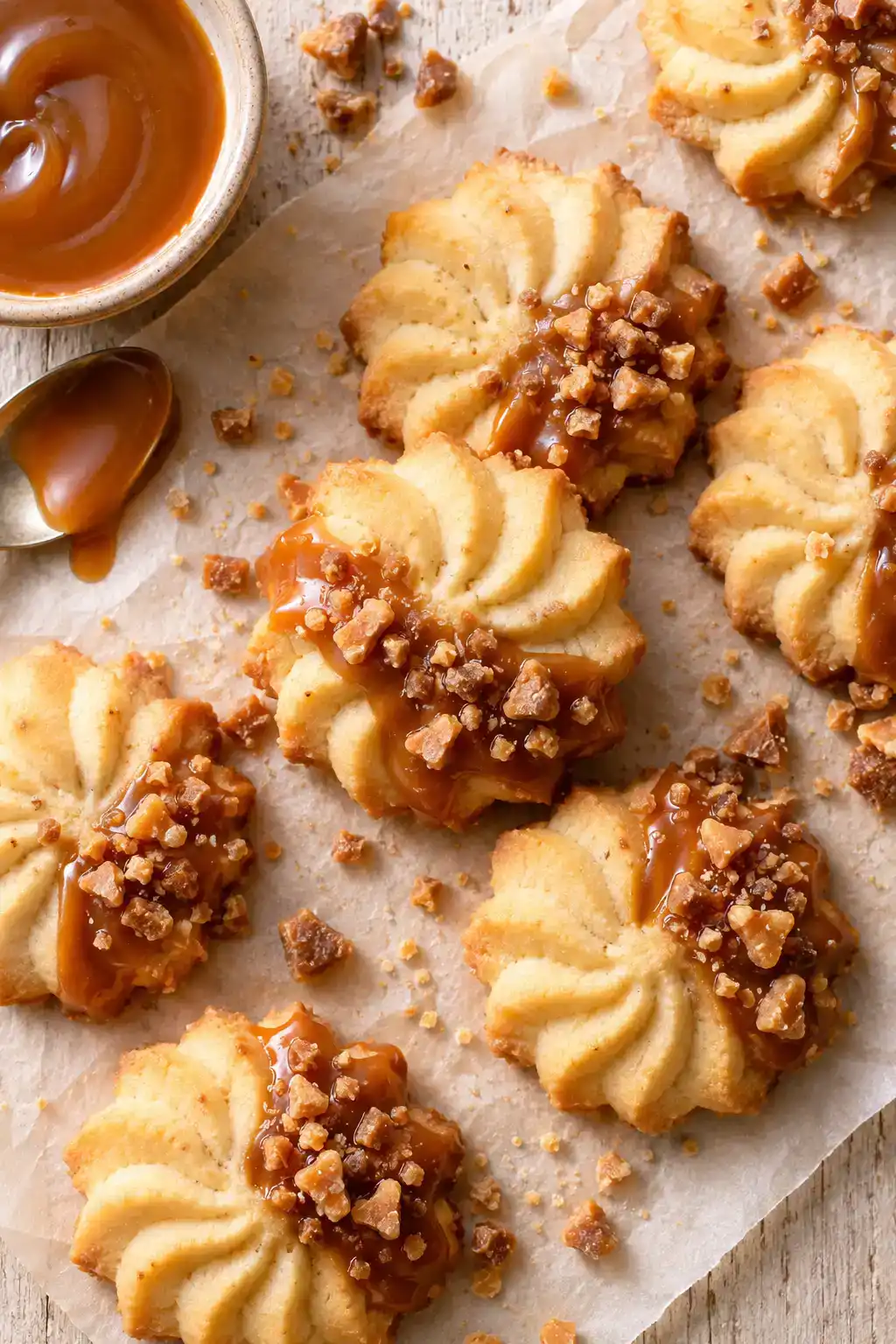 A batch of toffee spritz cookies arranged on a ceramic plate.
