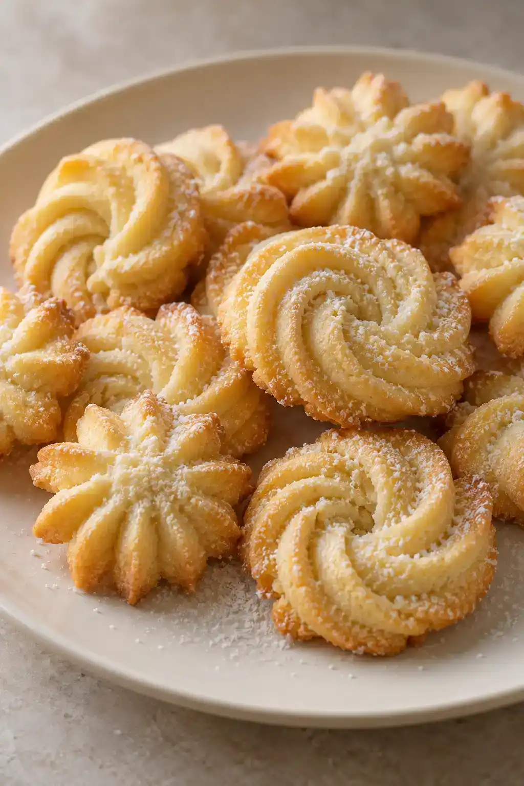 A batch of traditional spritz cookies arranged on a ceramic plate.