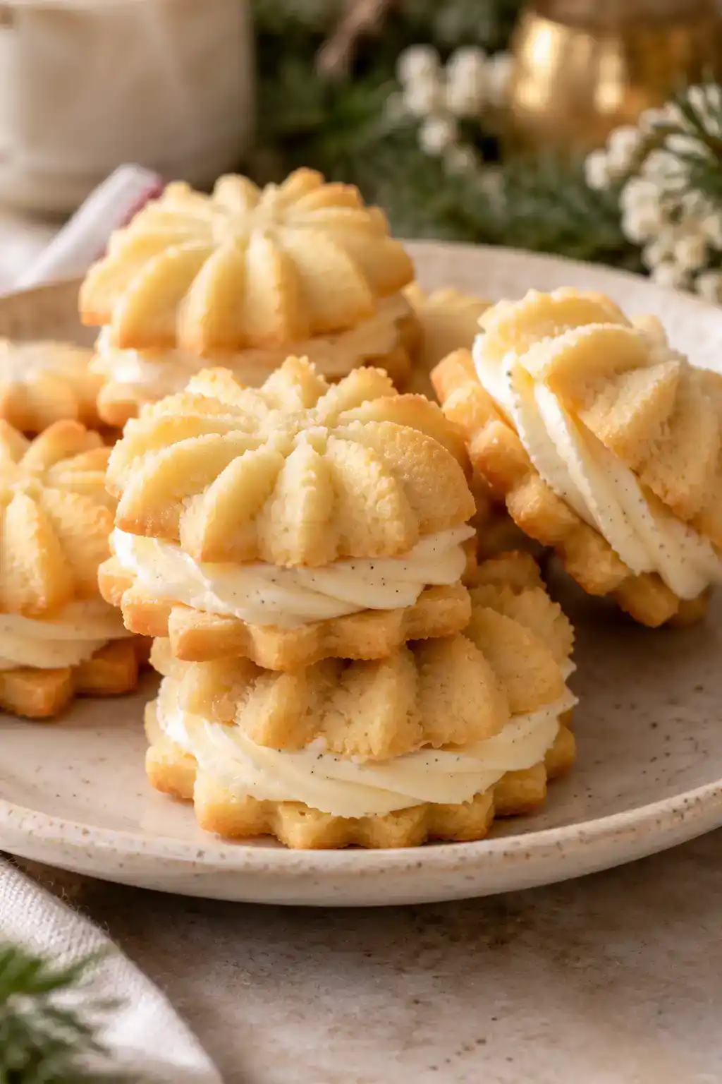A batch of vanilla buttercream spritz sandwich cookies arranged on a ceramic plate.