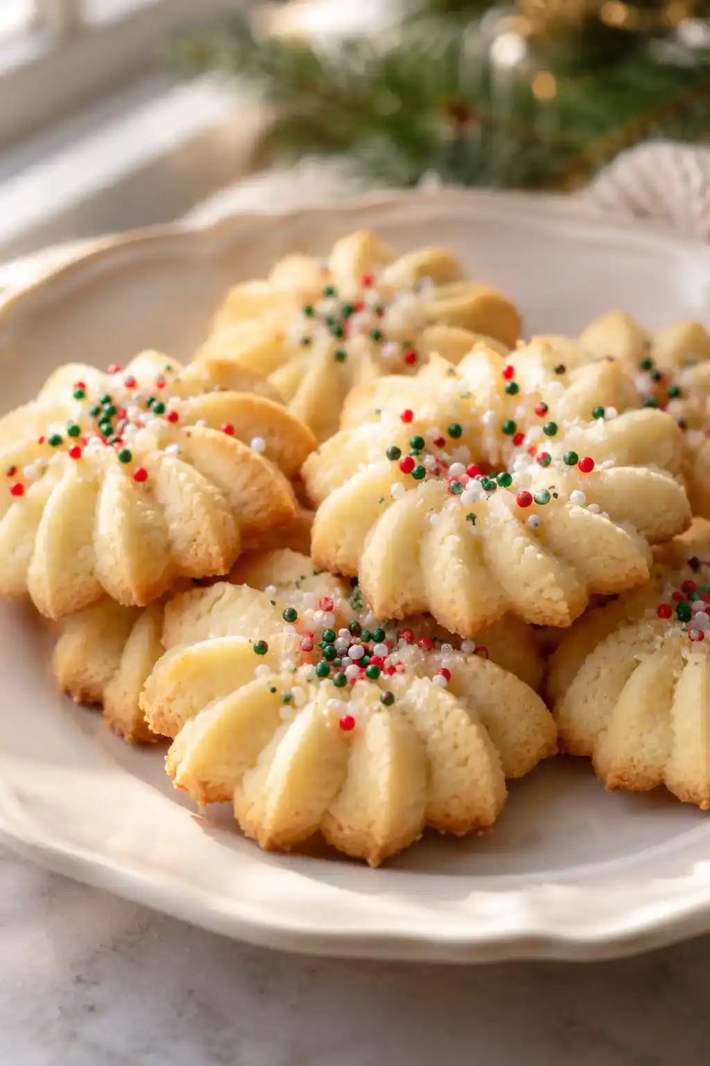 A batch of vanilla spritz cookies arranged on a ceramic plate.