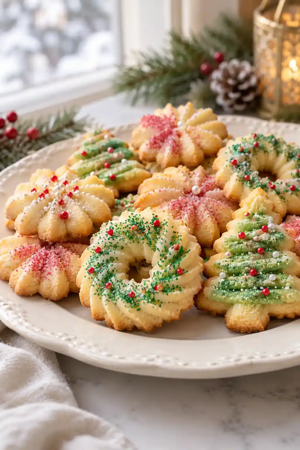 A batch of vegan christmas spritz cookies arranged on a ceramic plate.