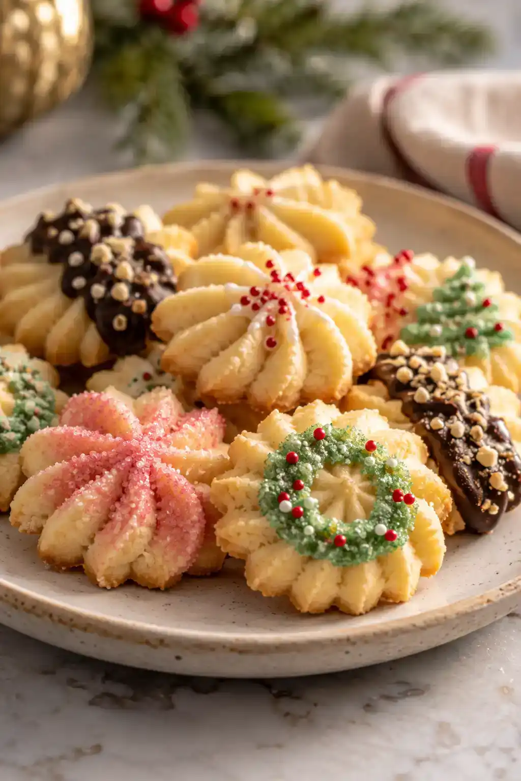 A batch of vegan spritz cookies arranged on a ceramic plate.