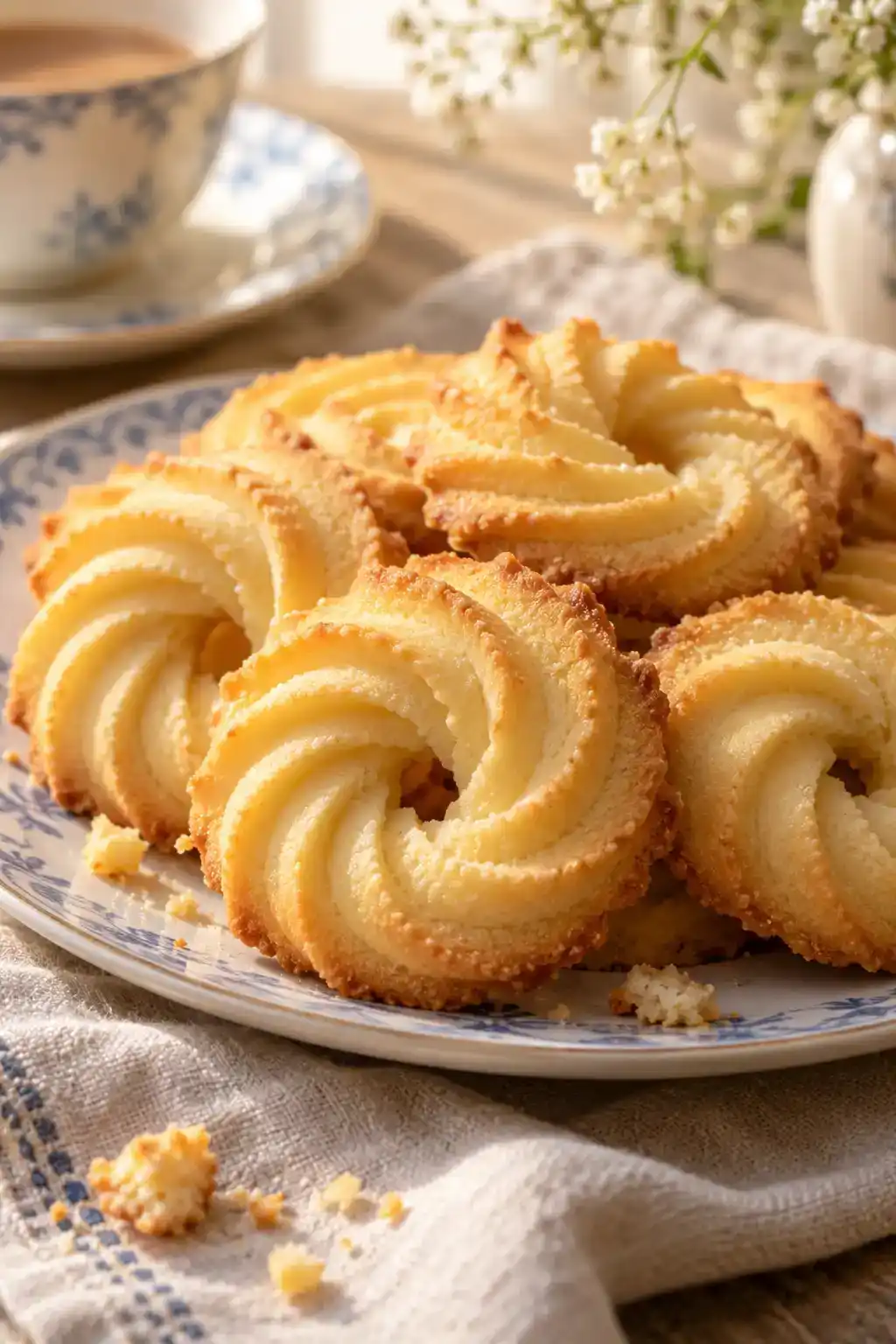 A batch of viennese spritz cookies arranged on a ceramic plate.