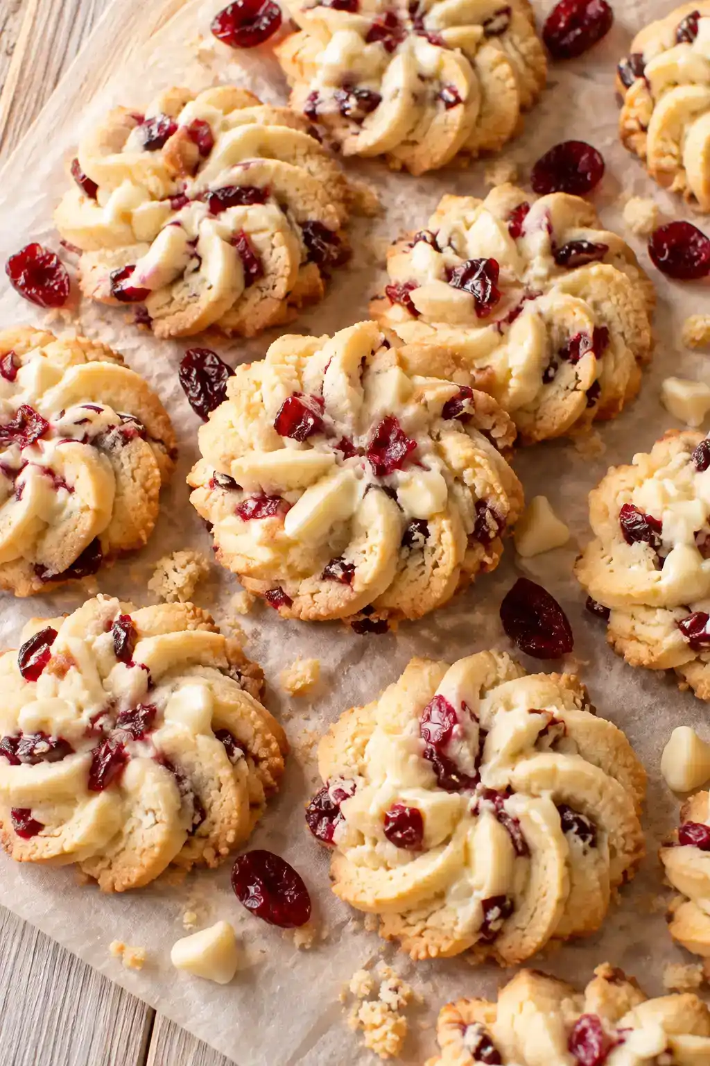 A batch of white chocolate cranberry spritz cookies arranged on a ceramic plate.