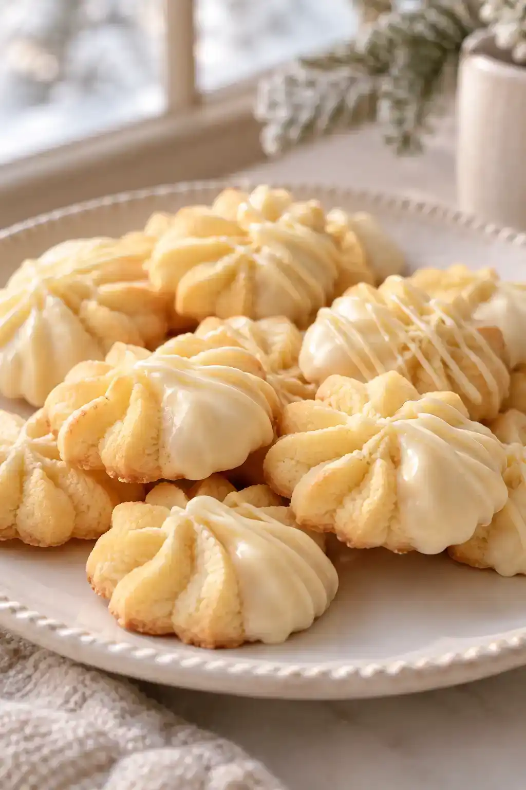 A batch of white chocolate spritz cookies arranged on a ceramic plate.