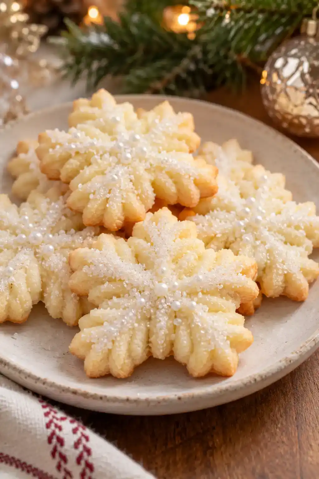 A batch of white christmas spritz cookies arranged on a ceramic plate.