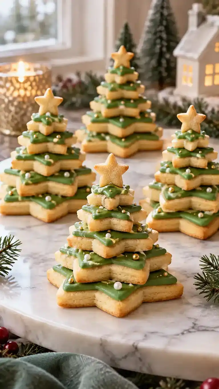 Stacked graduated sugar-cookie stars with green icing and a little sugar-cookie star topper.