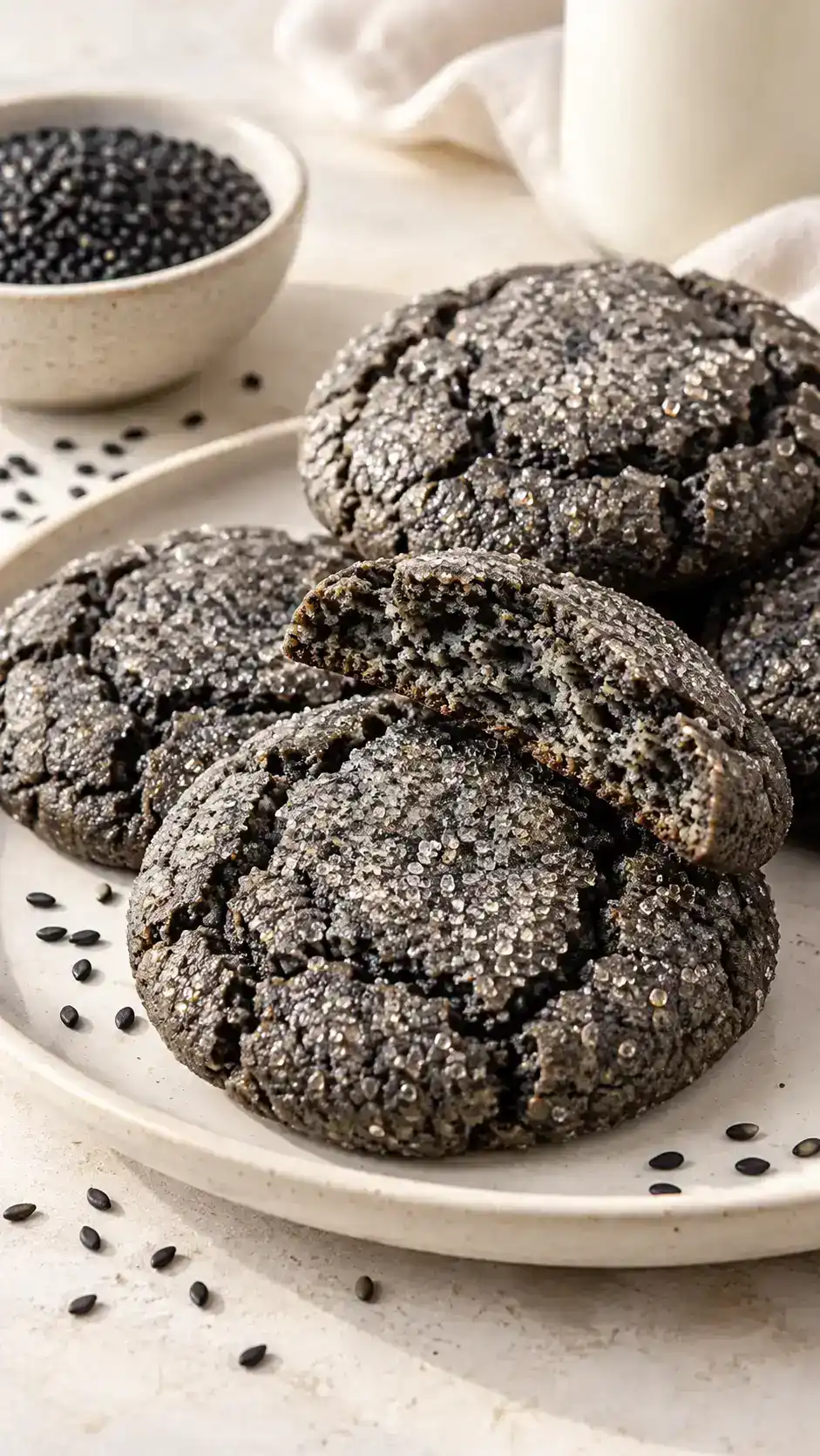 Naturally charcoal-gray black sesame sugar cookies with a sparkling coating and chewy nutty centers.