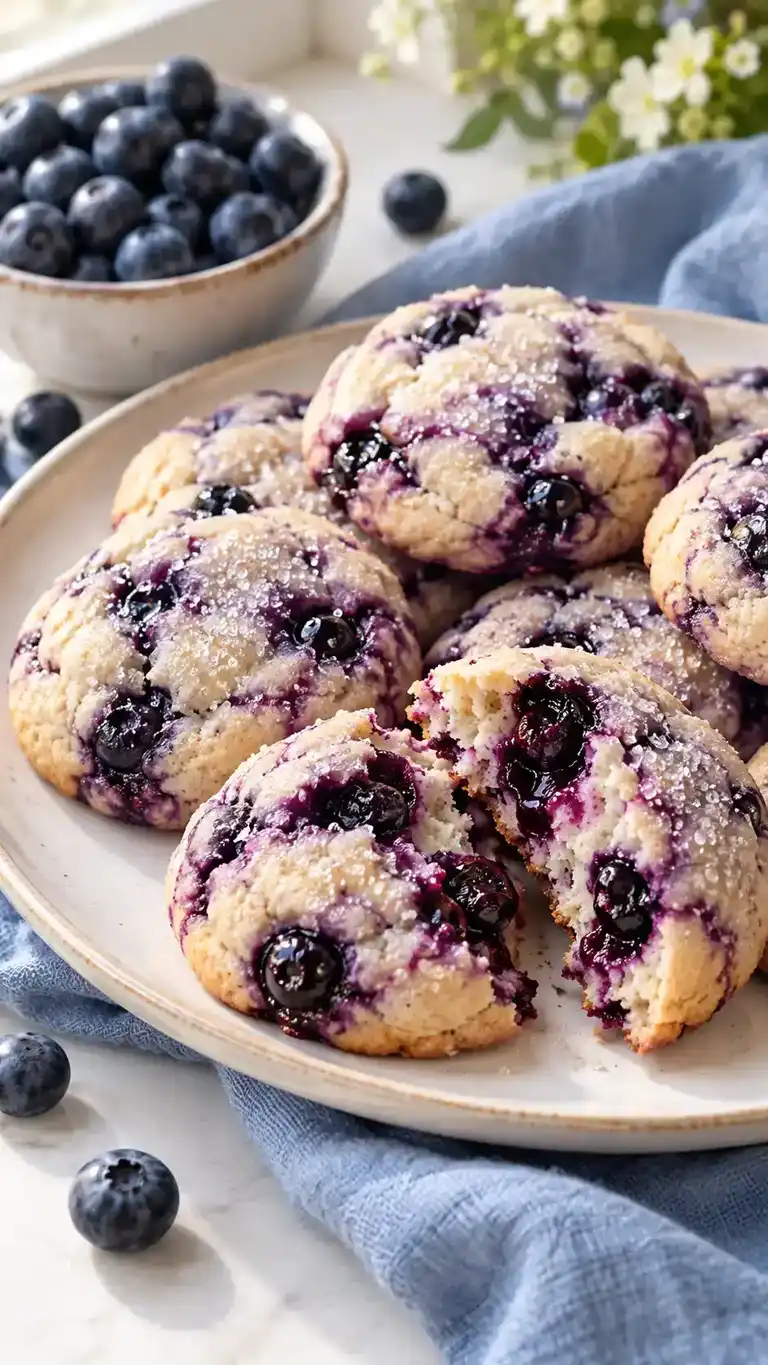 Soft violet blueberry sugar cookies with real berry pockets and a sparkling sugar coating.