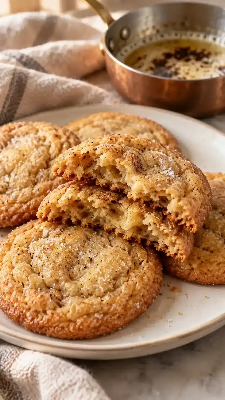 Golden brown-butter sugar cookies with toasted milk-solid flecks, soft centers and a warm nutty aroma.