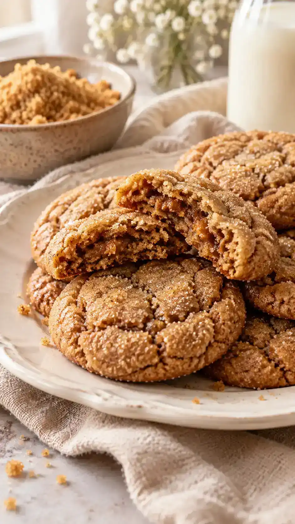 Caramel-toned brown sugar cookies with chewy centers, fine crinkled tops and a sparkling sugar coating.