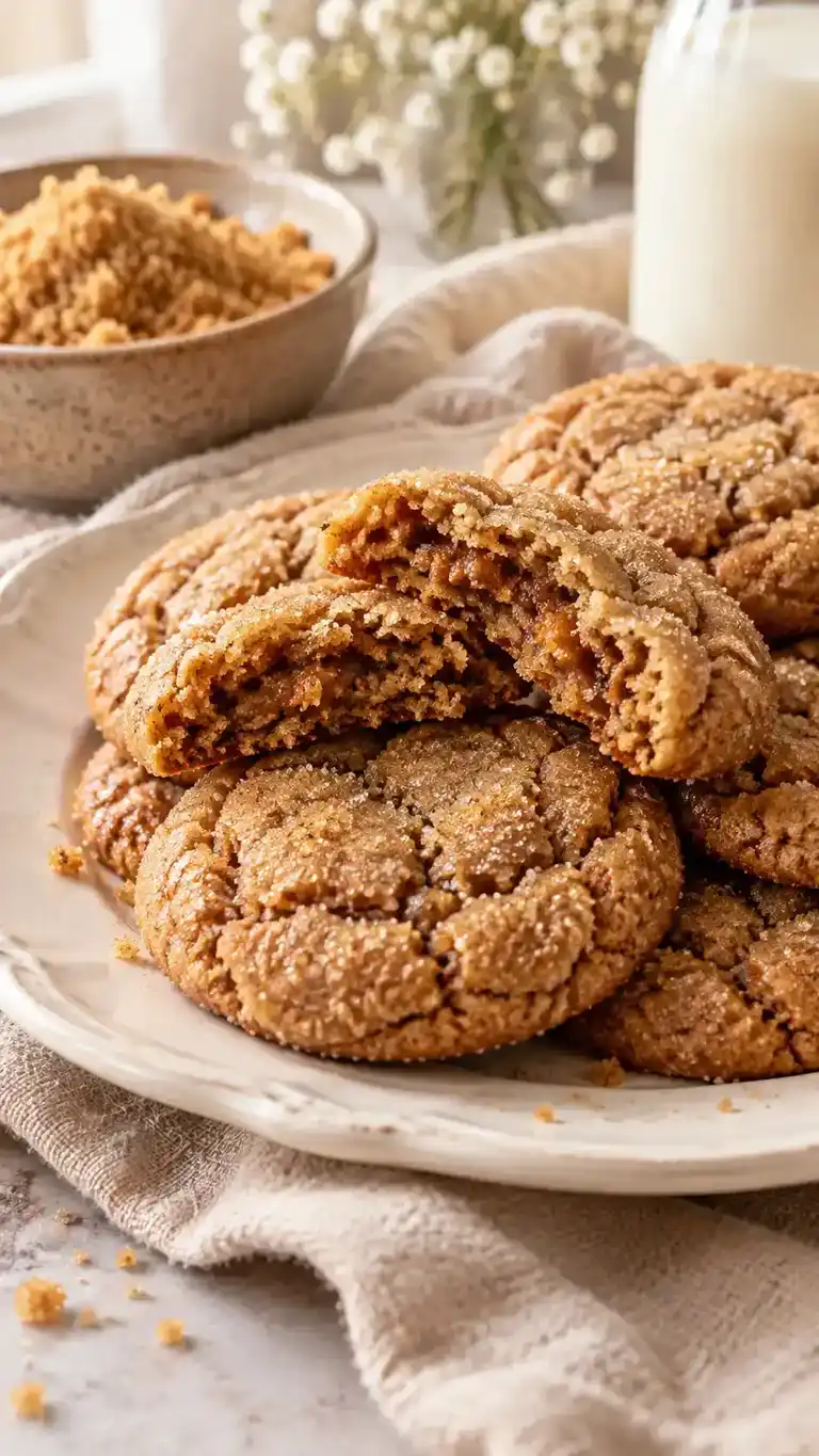 Caramel-toned brown sugar cookies with chewy centers, fine crinkled tops and a sparkling sugar coating.