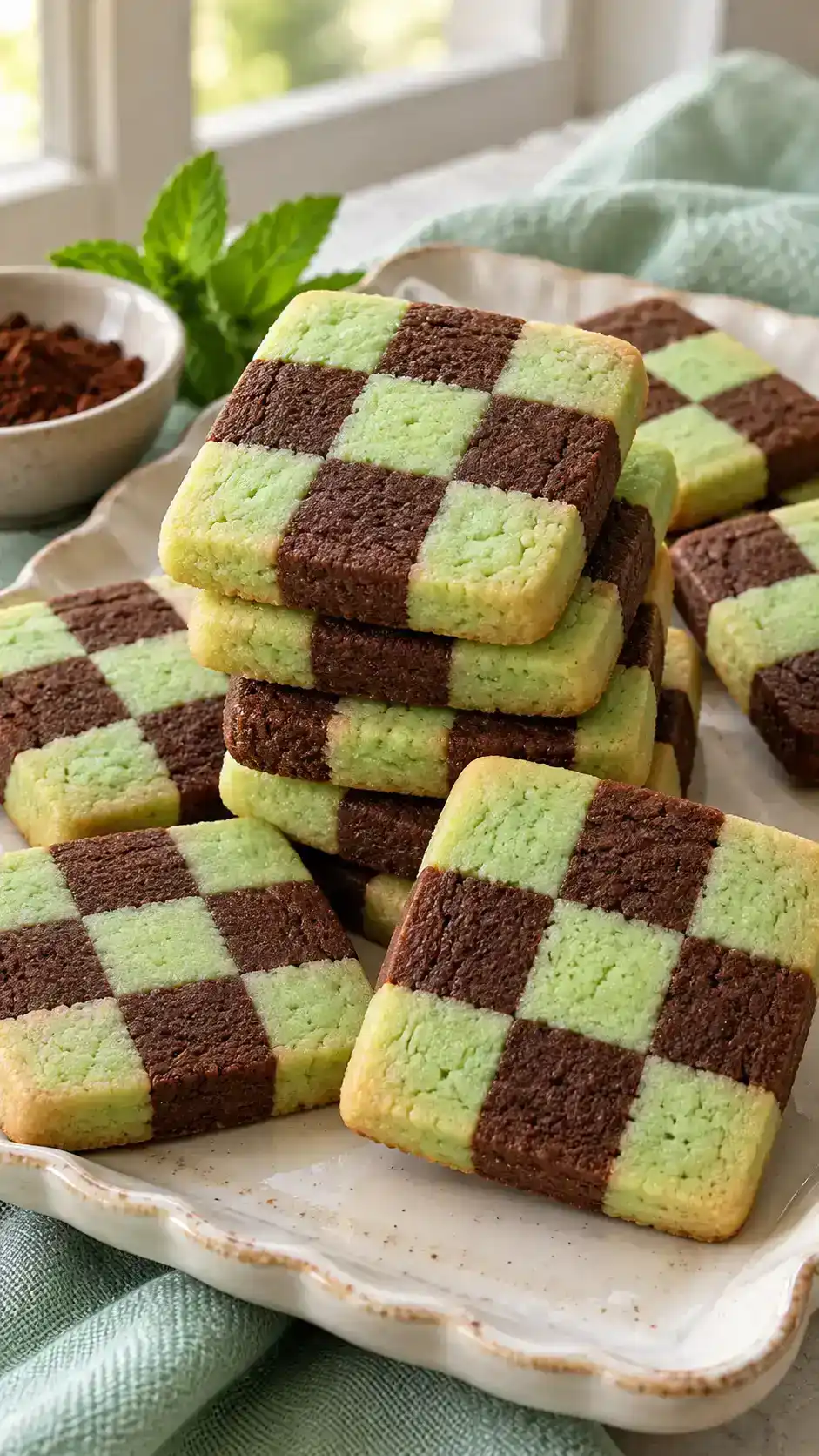Mint-and-chocolate sugar cookies with a neat nine-square checkerboard pattern in each slice.