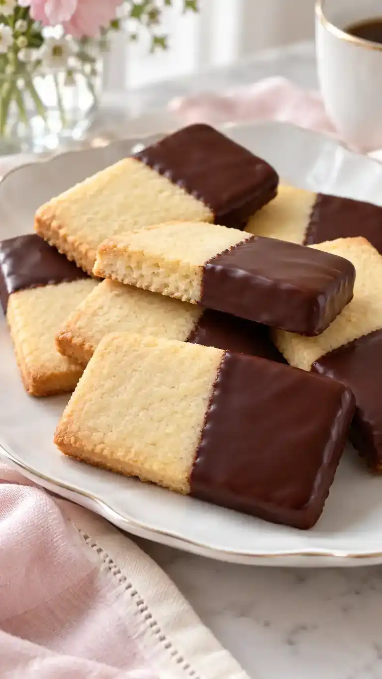 Buttery sugar-cookie cut-outs dipped halfway in glossy dark chocolate for a crisp contrast.