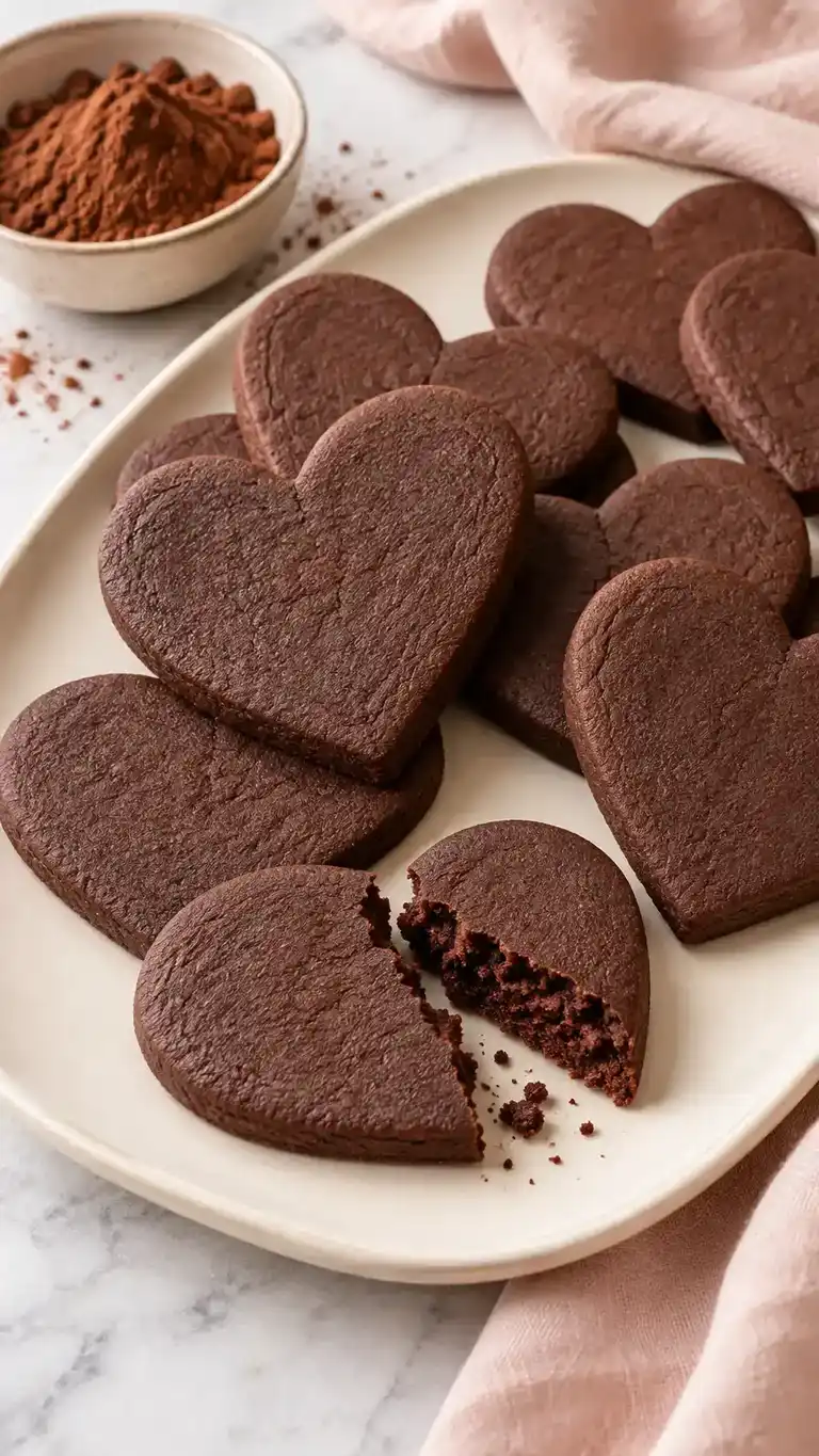 Rich cocoa sugar-cookie hearts with a tender center, a flat decorating surface and lightly crisp edges.