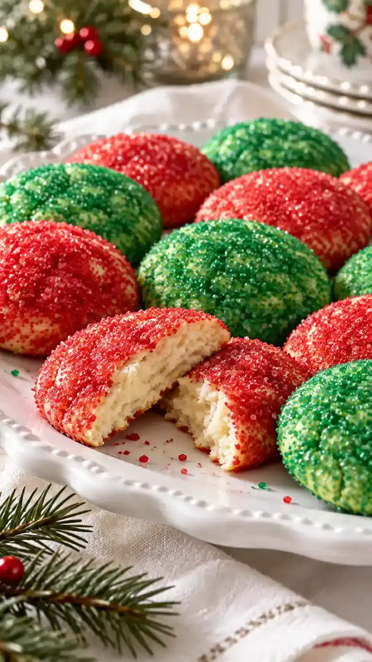Soft Christmas sugar cookies with a sparkling red-and-green sugar coating and a creamy vanilla center.