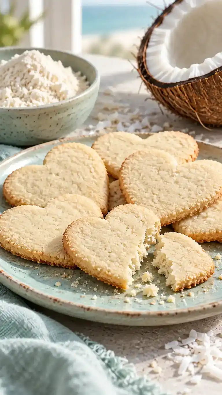 Tender coconut-flour sugar-cookie cut-outs with a pale fine crumb and lightly toasted edges.