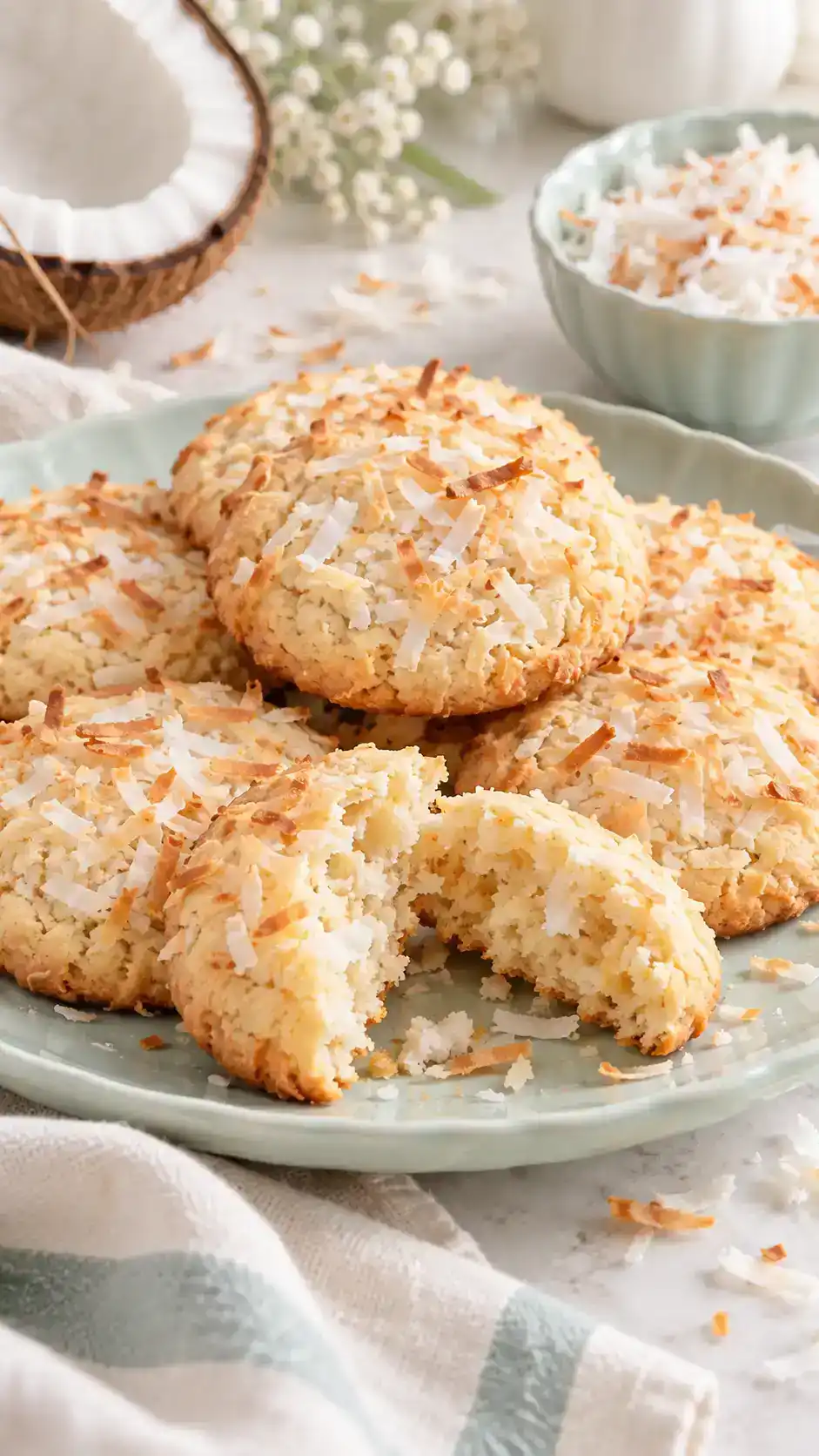 Thick coconut sugar cookies with visible shredded coconut, softly chewy centers and lightly crisp sugar-coated edges.