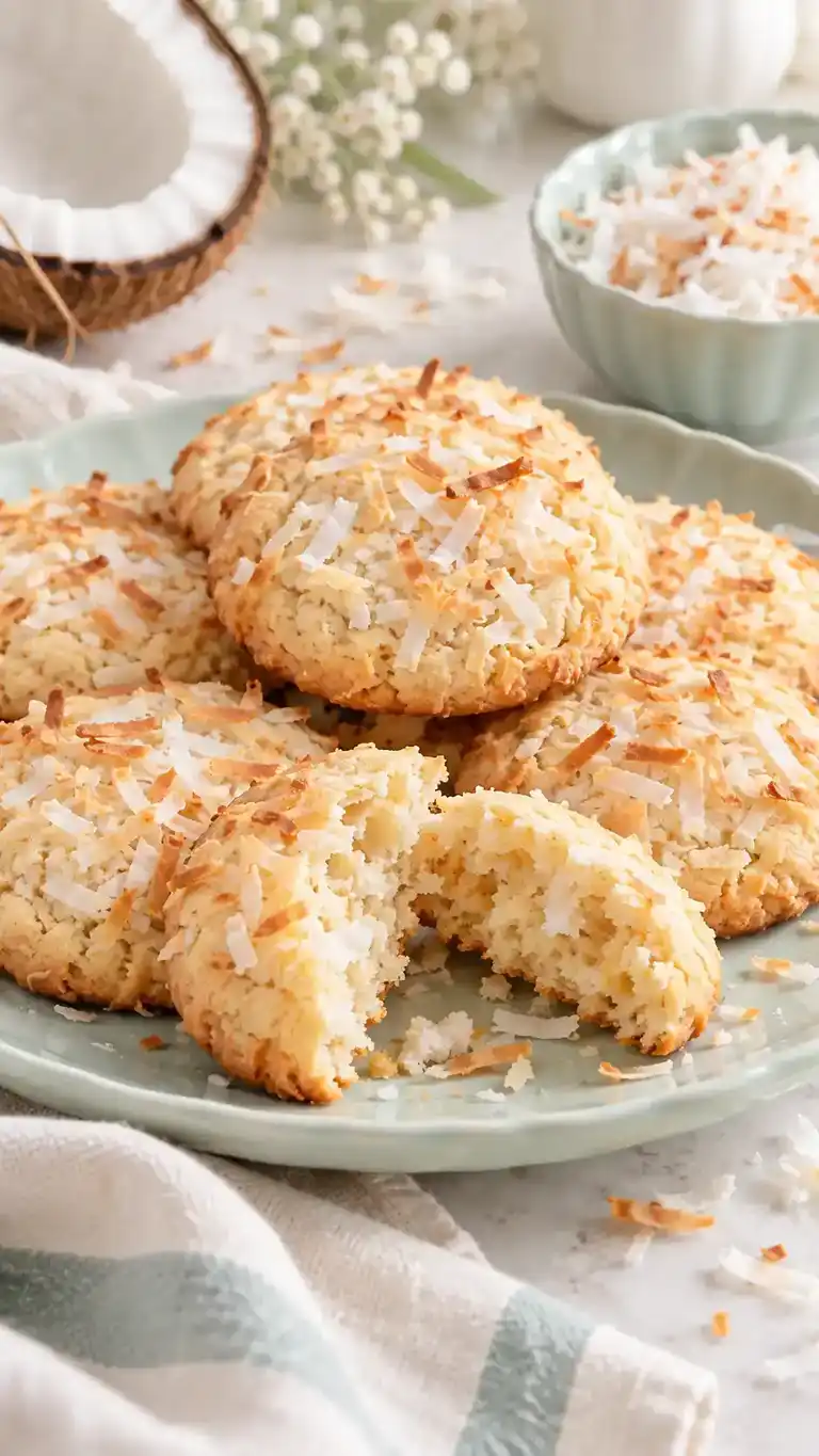 Thick coconut sugar cookies with visible shredded coconut, softly chewy centers and lightly crisp sugar-coated edges.