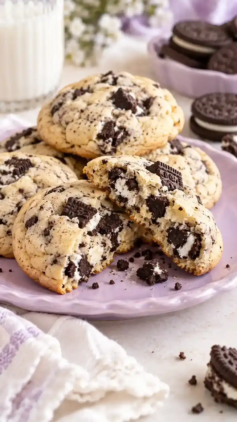 Soft cookies-and-cream sugar cookies with recognizable chocolate-sandwich-cookie pieces and creamy white chocolate chips.