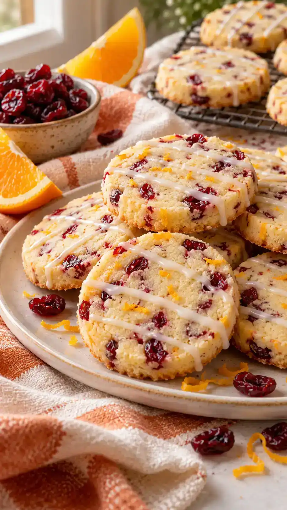 Slice-and-bake sugar cookies flecked with red dried cranberries and orange zest, finished with a light citrus drizzle.