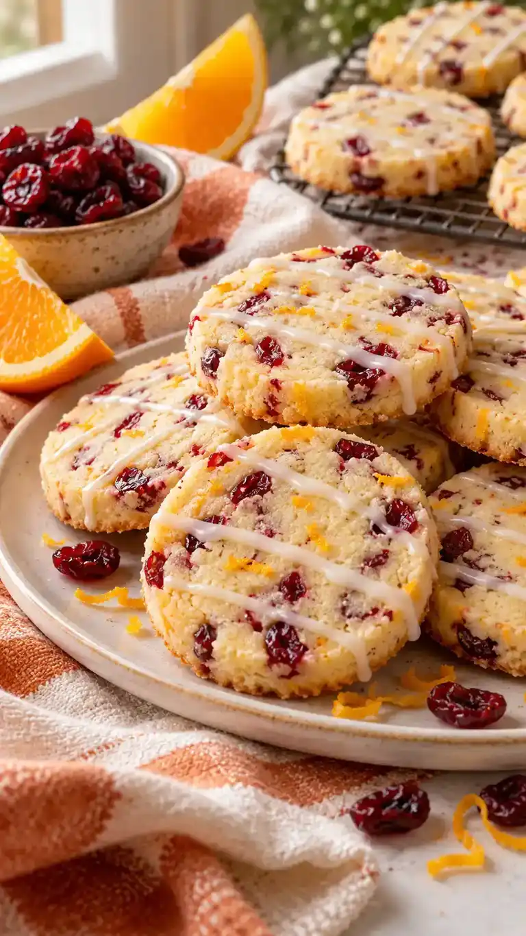 Slice-and-bake sugar cookies flecked with red dried cranberries and orange zest, finished with a light citrus drizzle.