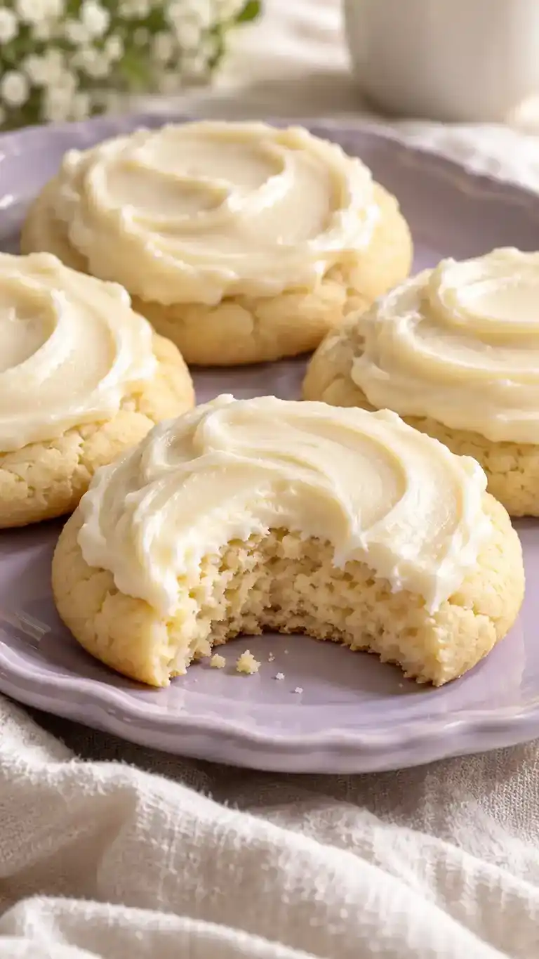 Tender round cream-cheese sugar cookies with a creamy vanilla frosting swipe and a subtle tang.