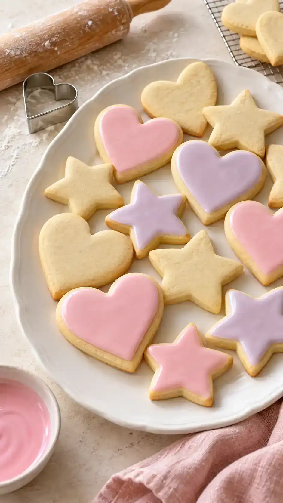 Buttery cut-out sugar cookies with tender centers and neat hearts and stars, ready for a simple pastel glaze.