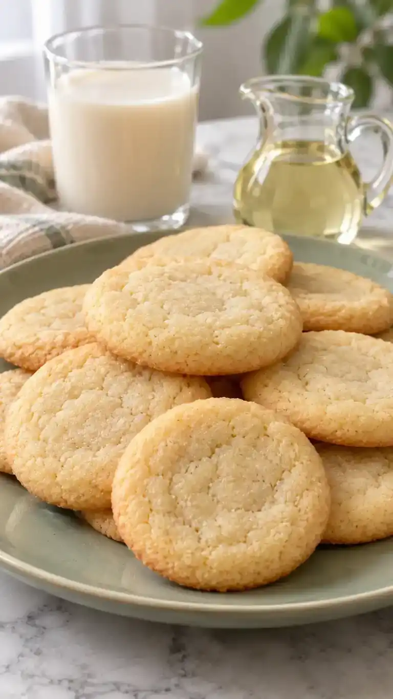Dairy-free vanilla sugar cookies made with neutral oil, with soft chewy centers and gently golden edges.