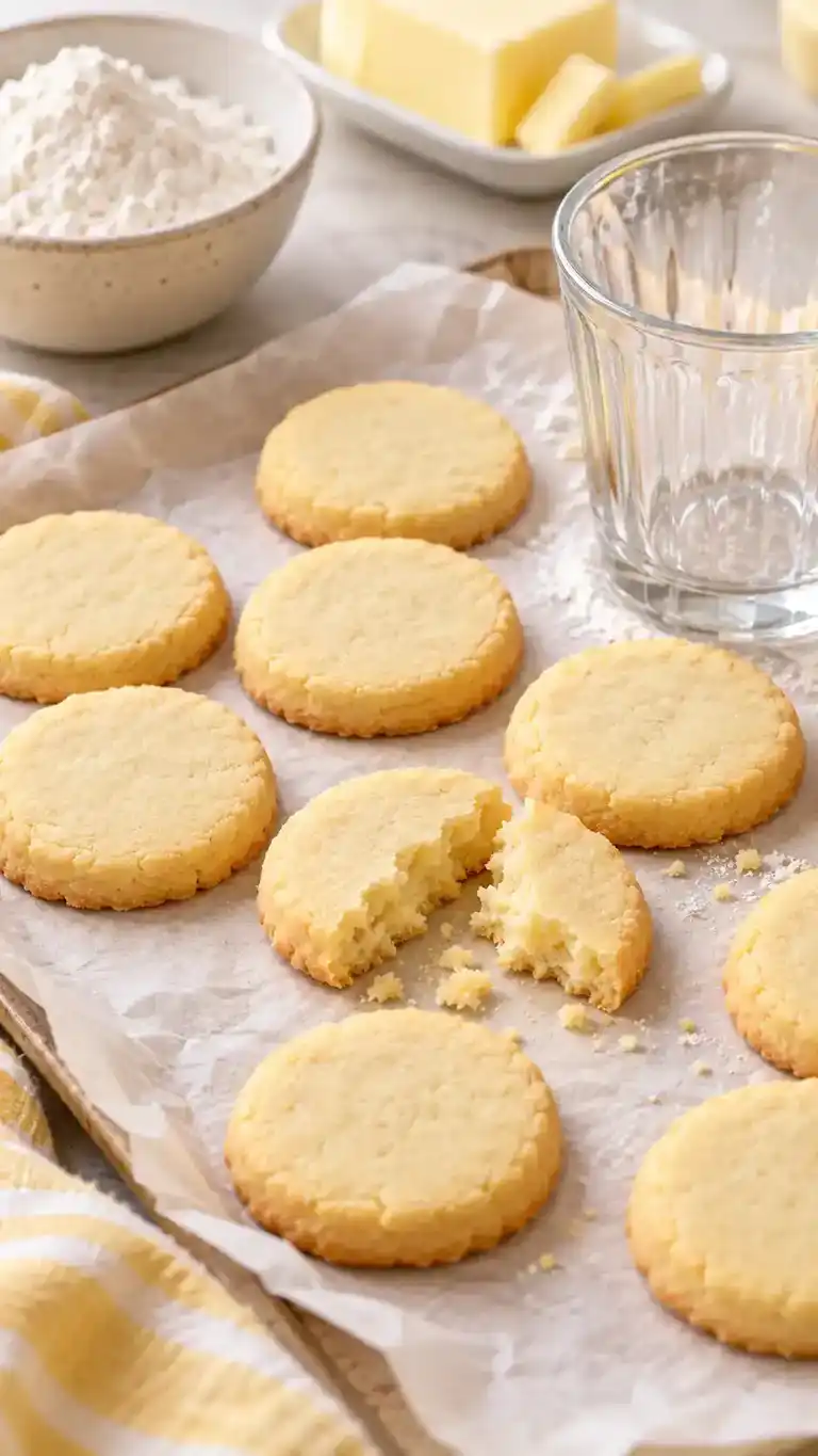 Easy three-ingredient sugar cookies with a buttery, crisp shortbread-like bite and neat pressed round shapes.