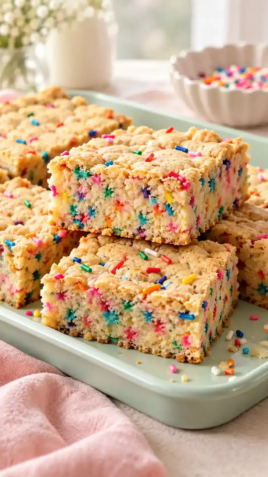 Unfrosted vanilla sugar-cookie bars with colorful sprinkles throughout the tender crumb and lightly golden edges.