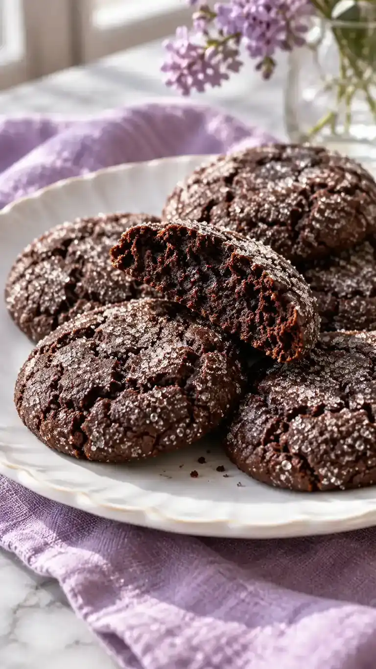 Soft gluten-free cocoa sugar cookies with dark chewy centers and a sparkling sugar crust.