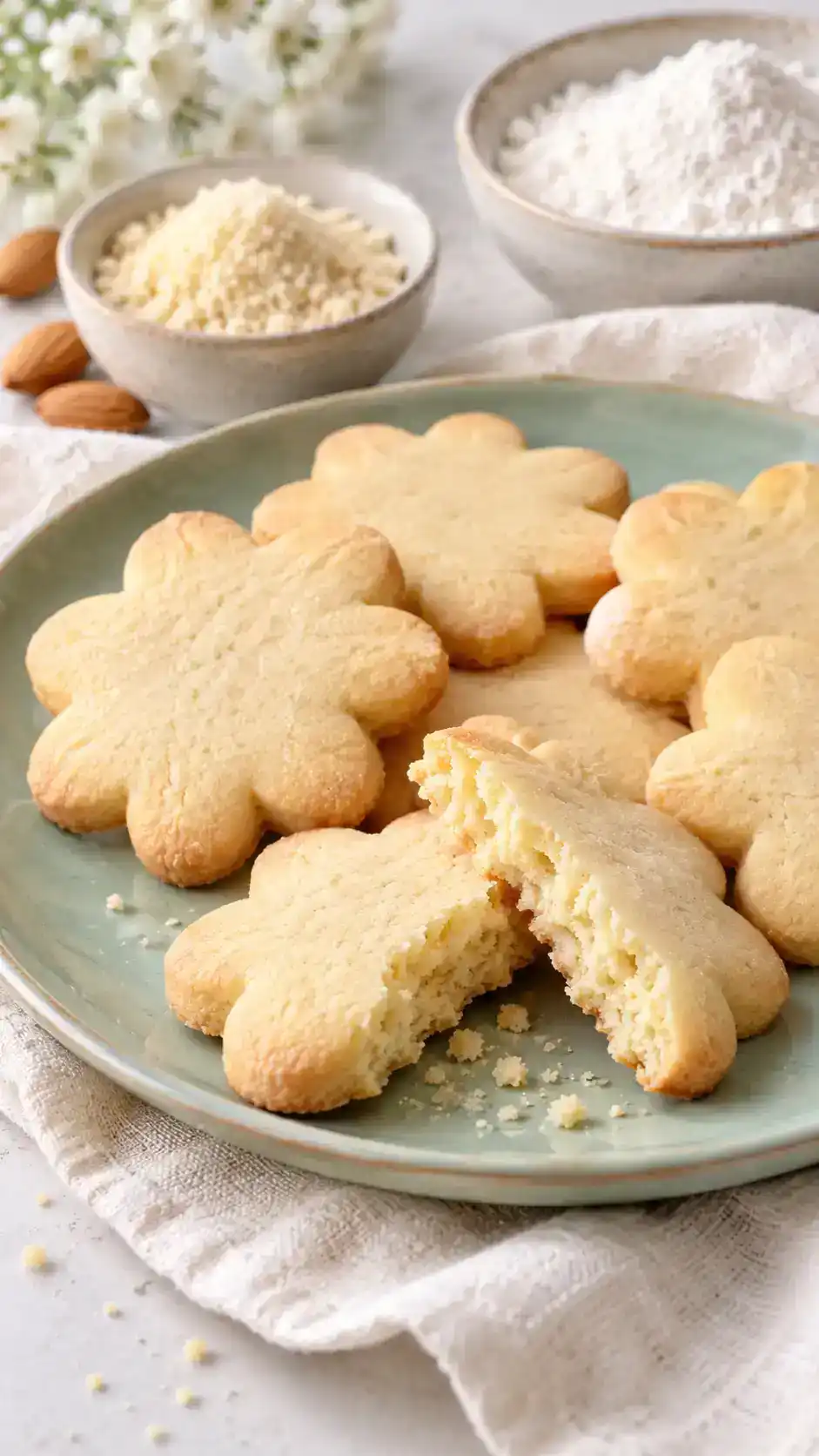 Tender gluten-free vanilla sugar-cookie cut-outs with almond flour and crisp, clean daisy outlines.