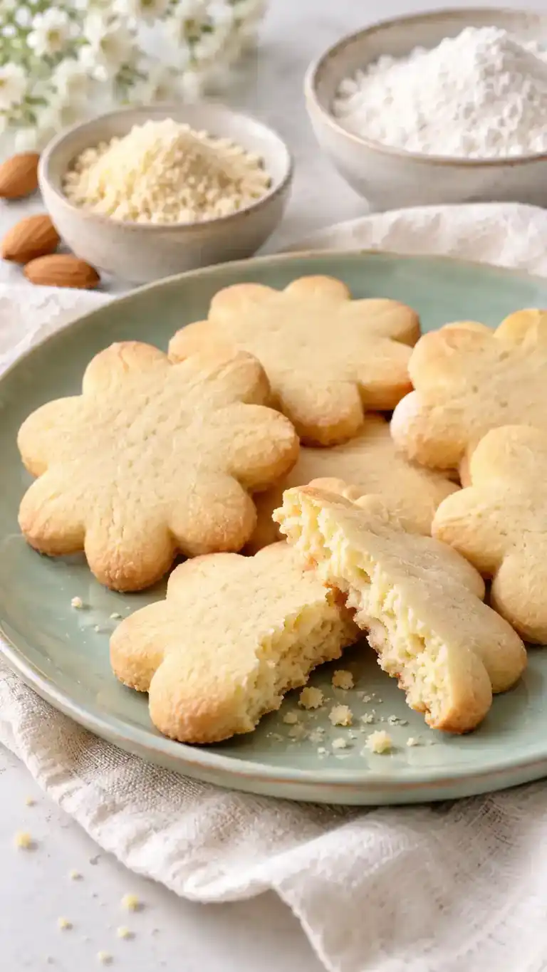 Tender gluten-free vanilla sugar-cookie cut-outs with almond flour and crisp, clean daisy outlines.