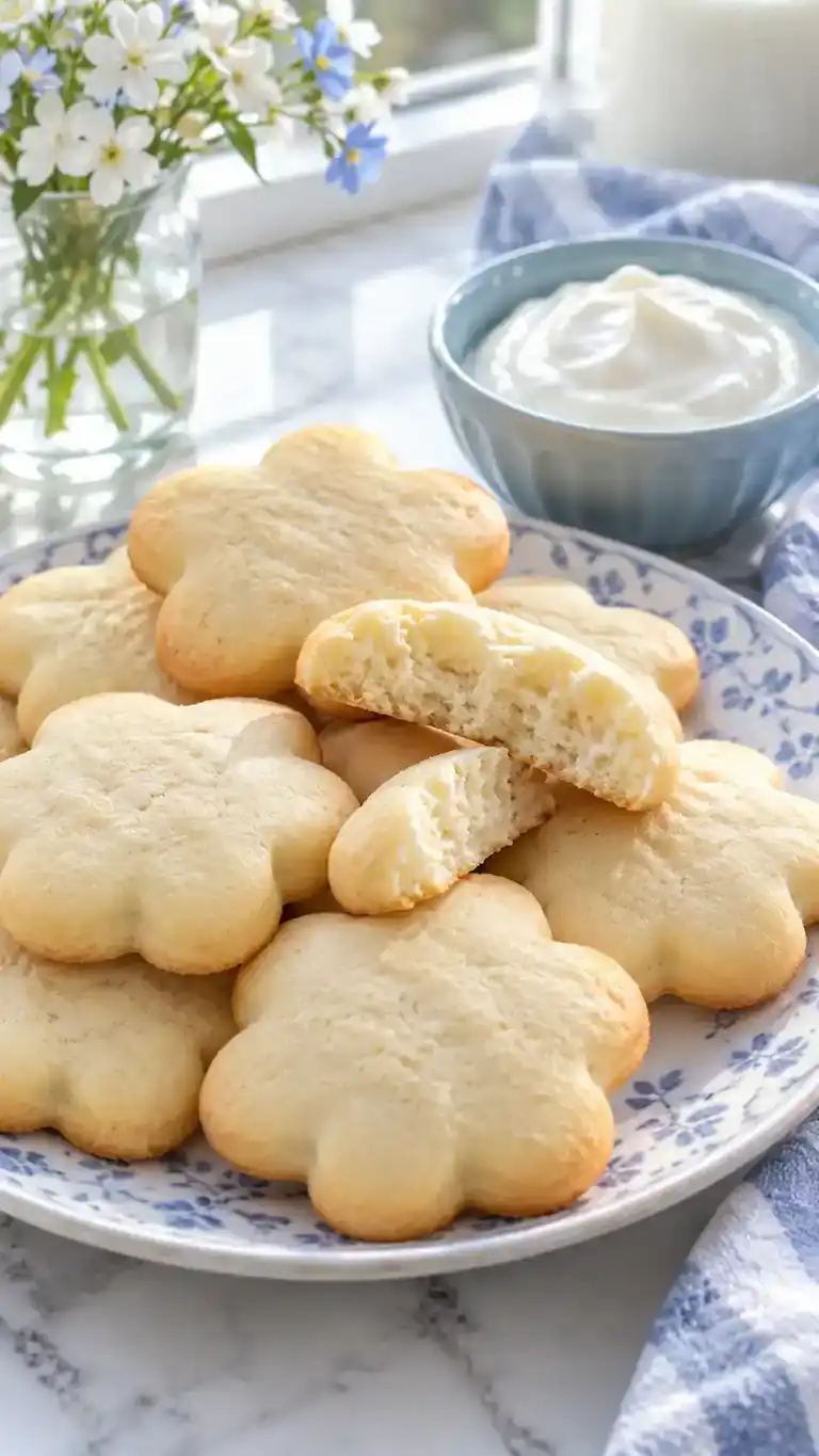 Lightly tangy Greek-yogurt sugar cookies with softly risen centers and simple flower-shaped edges.