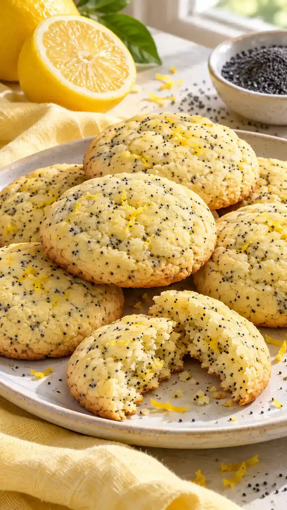 Puffy lemon sugar cookies dotted with crunchy poppy seeds and fresh lemon zest.