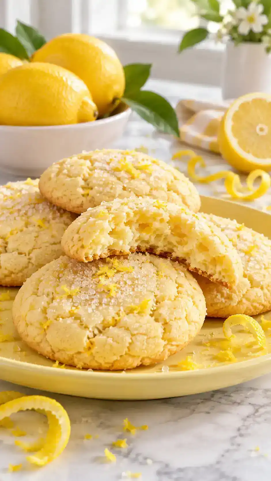 Bright lemon sugar cookies with finely grated zest, a sparkling sugar finish and softly chewy centers.