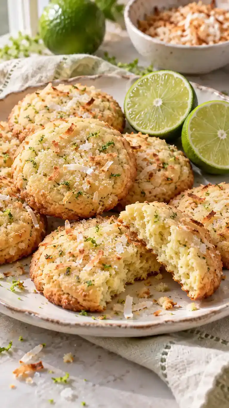 Bright lime sugar cookies with fragrant green zest, toasted coconut flecks and a gently chewy sugar-coated center.