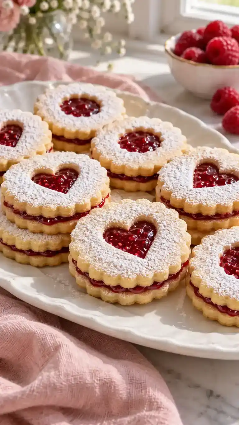 Almond-spiced sugar-cookie sandwiches with raspberry-jam windows and a fine snowy sugar dusting.