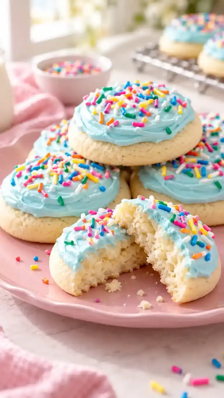Pale cake-flour sugar cookies with a fine fluffy crumb, pastel-blue buttercream and cheerful rainbow sprinkles.