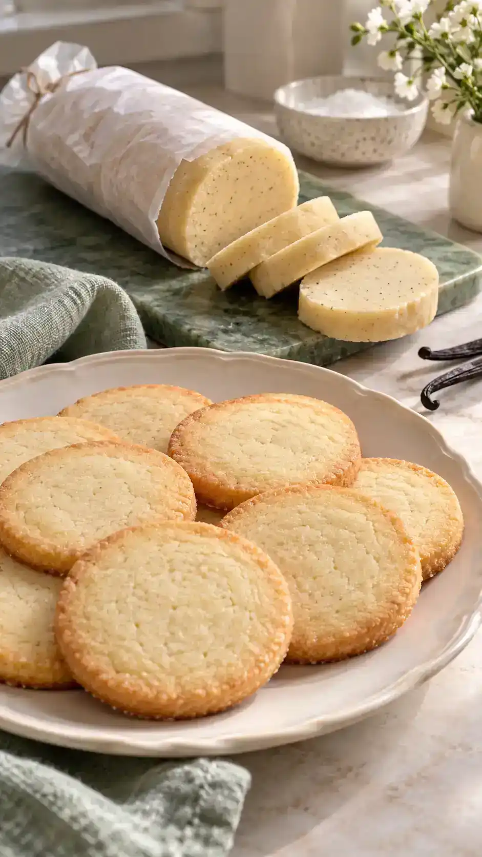 Buttery vanilla icebox sugar cookies with tender centers and crisp edges, made from convenient chilled dough logs.