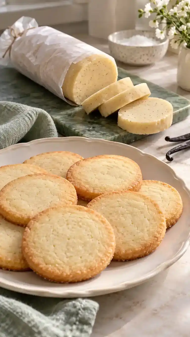 Buttery vanilla icebox sugar cookies with tender centers and crisp edges, made from convenient chilled dough logs.