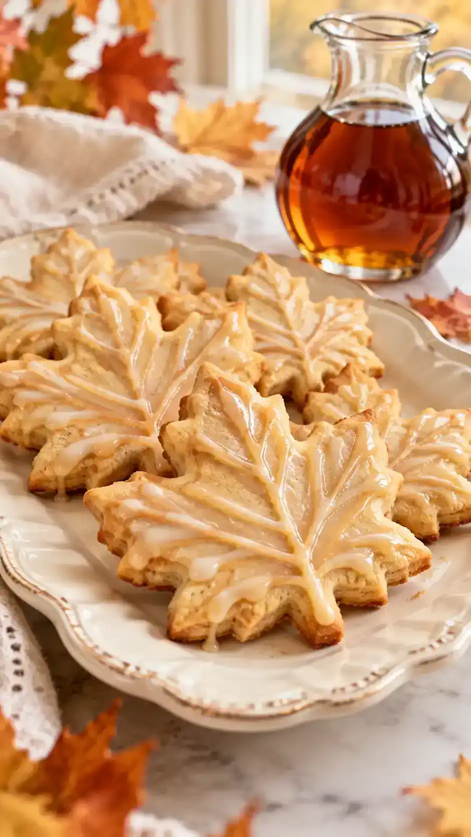 Thin maple-leaf sugar cookies with a crisp shortbread bite and a fine maple-icing drizzle.