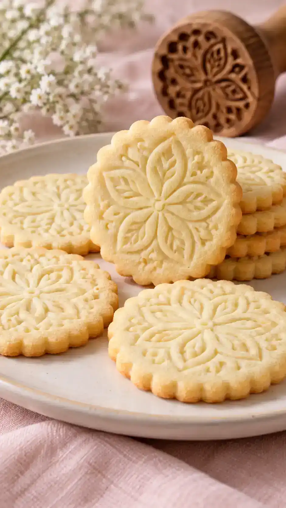 Crisp butter-rich sugar cookies with clean outlines and delicate stamped details, made without chemical leaveners.