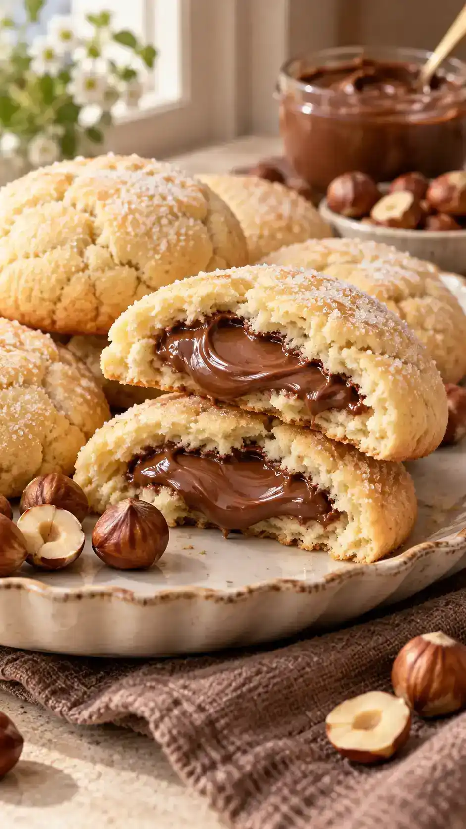 Soft vanilla sugar cookies with a hidden chocolate-hazelnut center revealed when broken open.